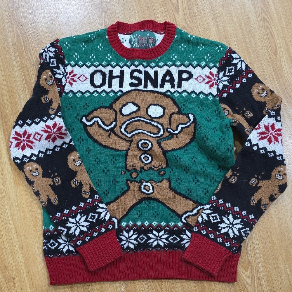 Ugly Christmas Sweater Oh Snap Gingerbread Crewneck - Green, Red, Black